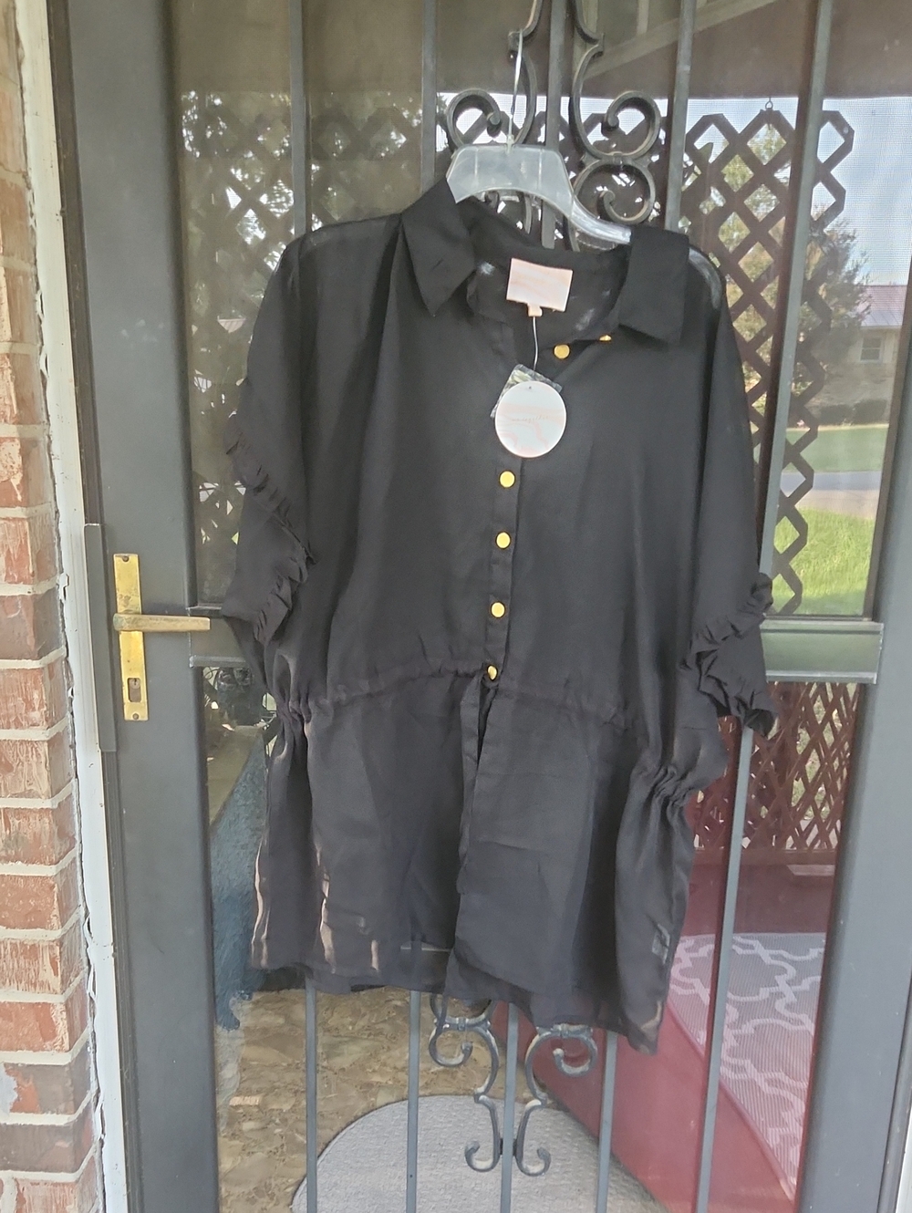 Black Ruffle-Sleeve Button-Front Tunic with Gold Buttons